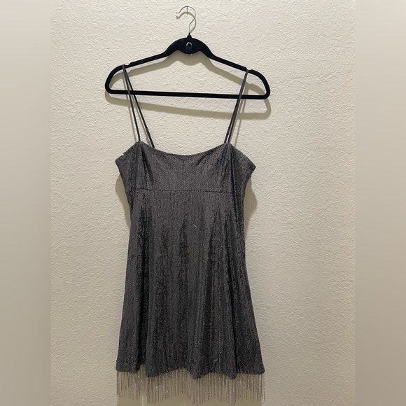 NWT NICHOLAS Isabella Sequined Mini Dress Gunmetal Rhinestone fringe - Picture 12 of 16